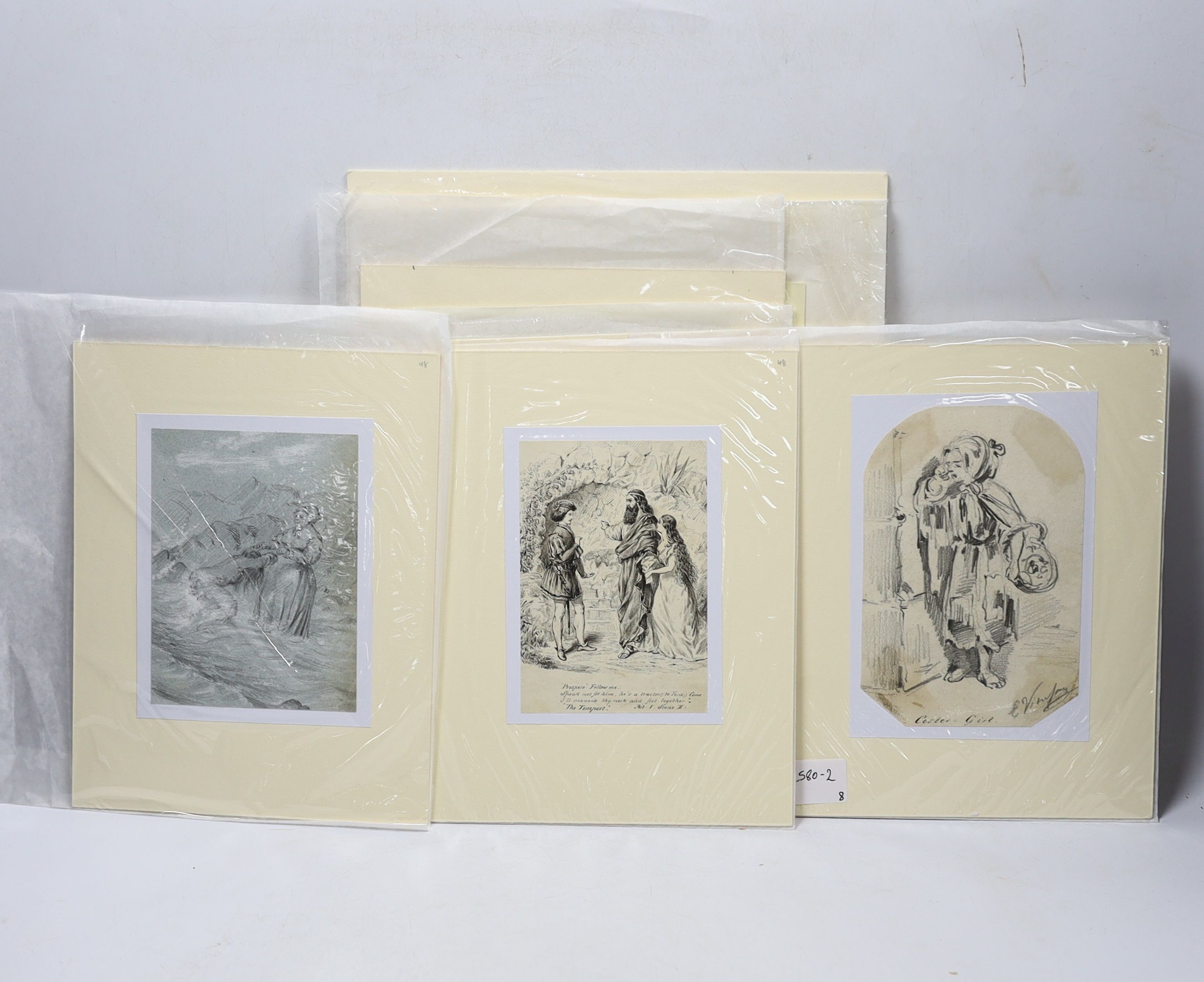 Eight 19th century and later pen, ink, watercolour and pencil sketches, some caricatures including examples by W McConnell with ink inscriptions, unframed, 21 x 17cm